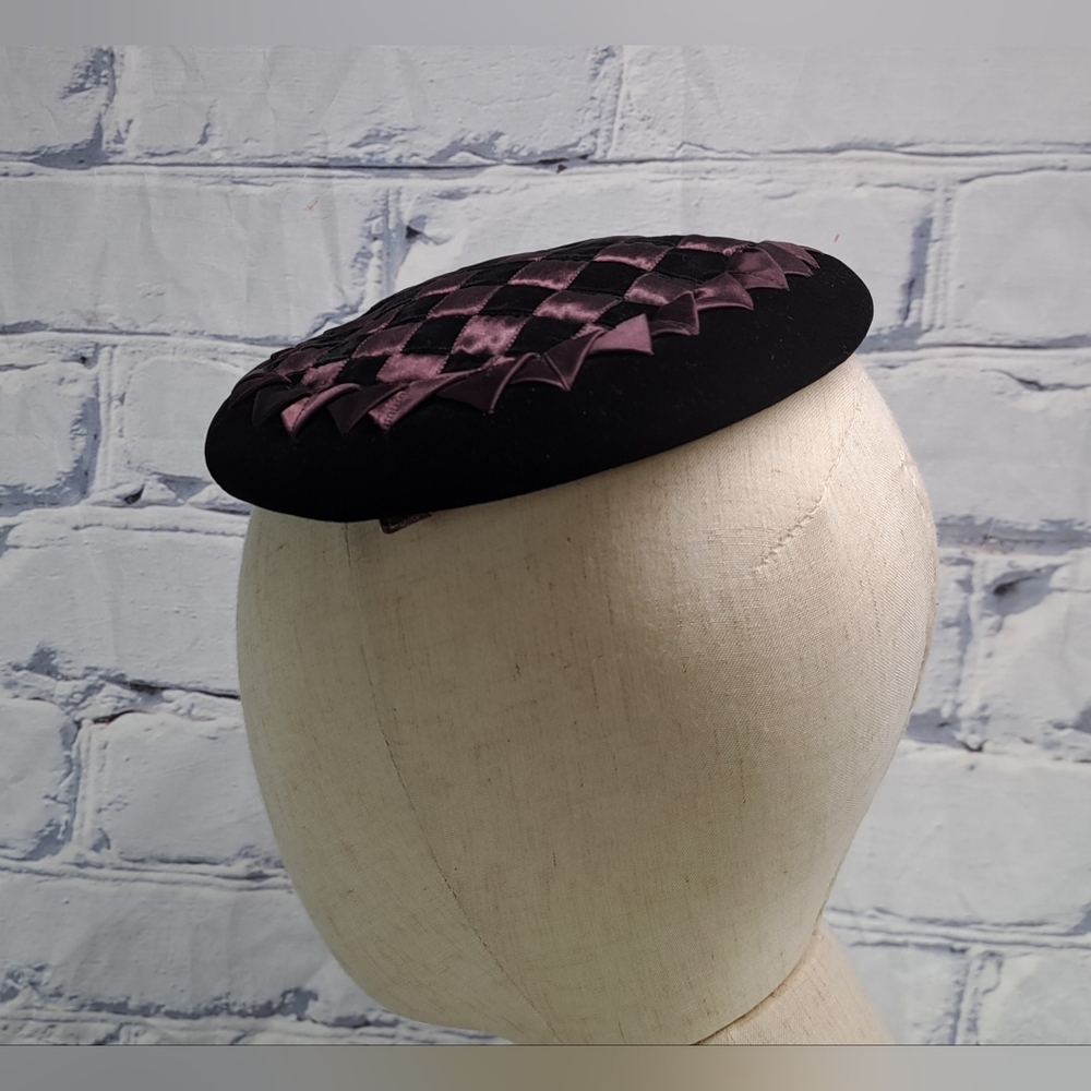 Bonwitt Teller Women's Hat Velvet Check Purple Black Vintage 70s 60s - Picture 11 of 12